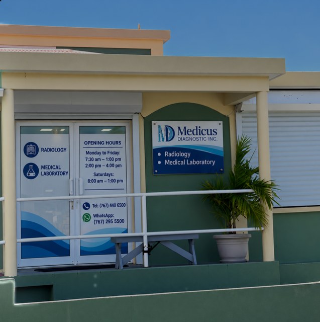 Entrance of Medicus Diagnostic at 2 Rose Street, Goodwill, with opening hours on the door